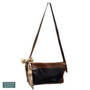 Brahmin Vintage Black Walnut Croc Embossed Leather Crossbody Bag Shoulder Purse